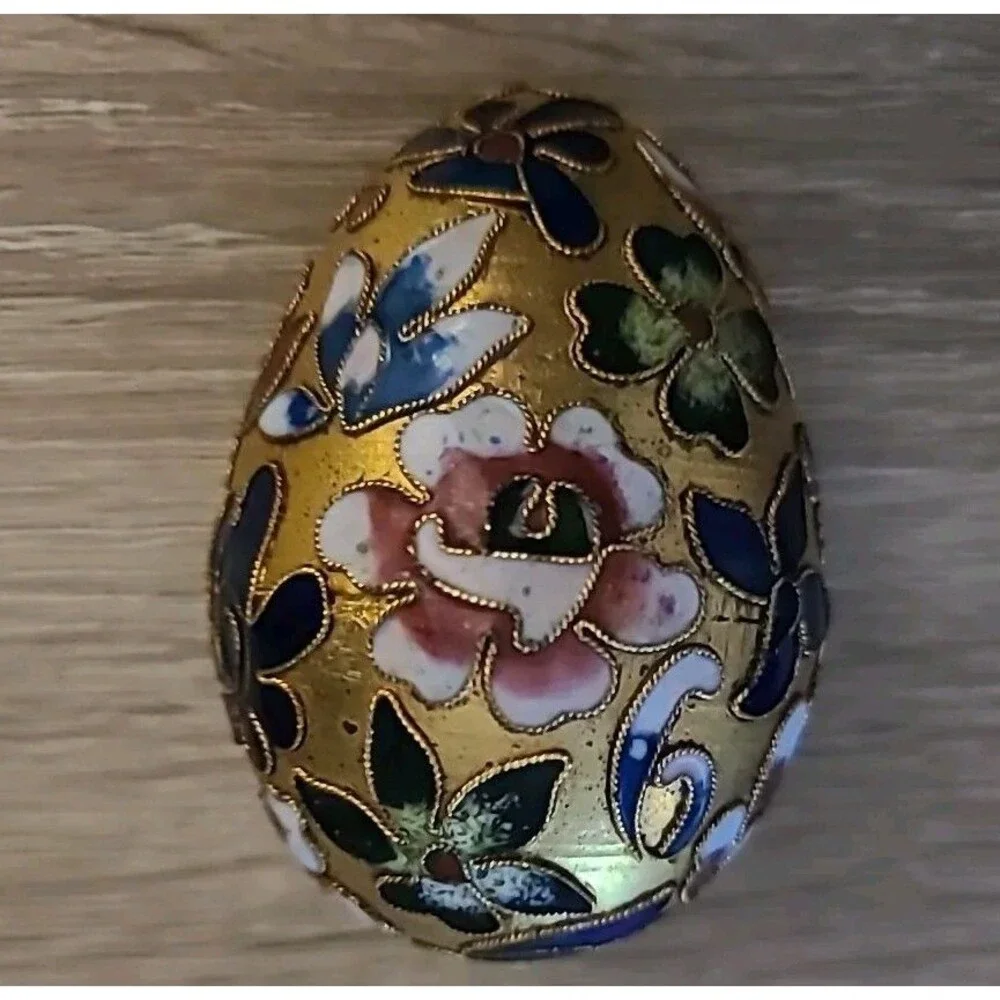 Vtg*Cloisonne Egg* Enameled Multicolored Jewel Tone Flowers Leaves - Picture 5 of 8